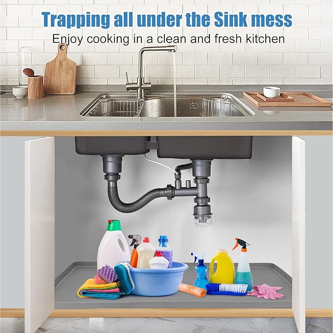 BEESVO Under Sink Mat for Kitchen Waterproof, 22" x 19" Silicone Under Sink Liner Kitchen & Bathroom Cabinet Protector Mats, Heavy Duty Flexible Under Sink Drip Tray with Lip, Cool Grey
