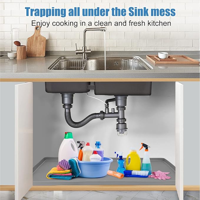 BEESVO Under Sink Mat for Kitchen Waterproof, 34" x 19" Silicone Under Sink Liner Kitchen & Bathroom Cabinet Protector Mats, Heavy Duty Flexible Under Sink Drip Tray with Lip, Cool Grey