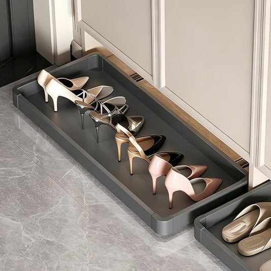 Under-Cabinet Pull Out Shoe Rack, Push-to-Open Sliding Storage Tray for Entryway/Closet, Hidden Kick-to-Open Shoe Organizer, No-Drill Installation, Durable Aluminum Frame
