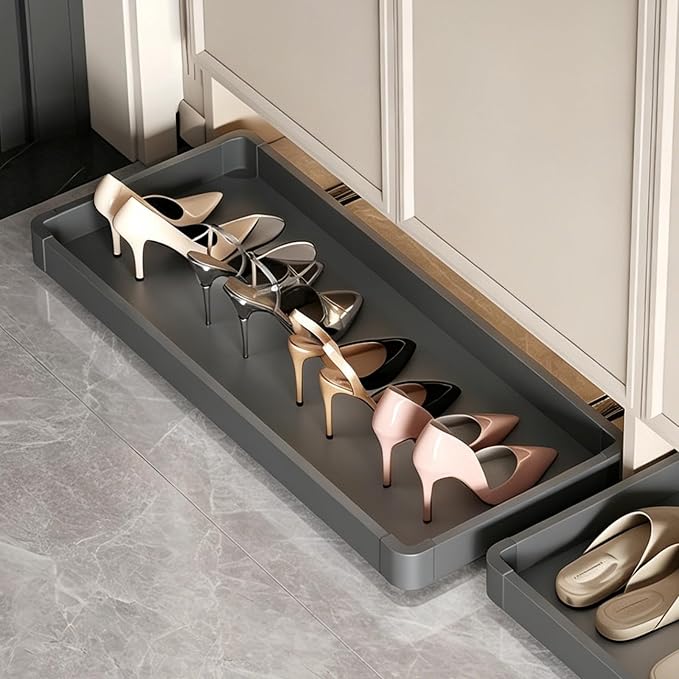 Under-Cabinet Pull Out Shoe Rack, Push-to-Open Sliding Storage Tray for Entryway/Closet, Hidden Kick-to-Open Shoe Organizer, No-Drill Installation, Durable Aluminum Frame