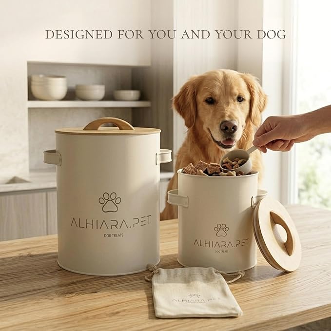 Modern Bamboo Dog Treat Container for Kitchen Countertop – Stylish Pet Food Storage with Scoop, 5–7 lbs Capacity, 2-Piece Set for Dry Food, Biscuits & Kibble