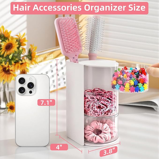 neotidy Hair Accessories Organizer with Hair Brush Holder, Rotating Hair Tie Product Organizer for Girls, 3-Tier Makeup Brush Holder for Clips, Bows & Brushes (White, 3-Tier)