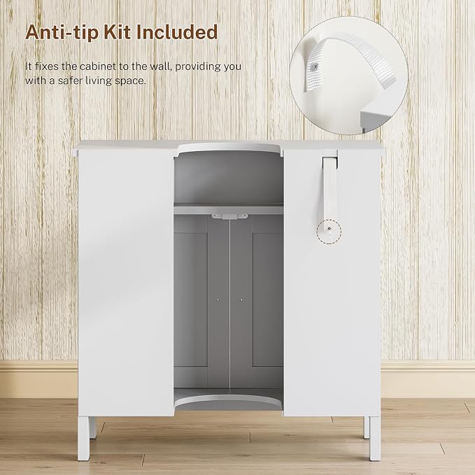 TEENFON Pedestal Sink Storage Cabinet with 2 Barn Doors and Drawer, Bathroom Sink Cabinet with U-Shape Cut-Out, Pedestal Sink Cabinet, White