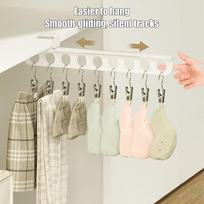 Closet Valet Rod Slide Out, Plastic Pull Out Pants Rack with 9 Holes, No-Drill Space-Saving Organizer, Top Mount Telescopic Pants Rack, White