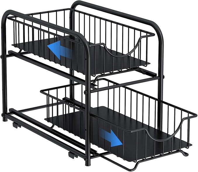Pull-out Cabinet Organizer, Stackable 2-tier Under Sink Rack, with Sliding Storage Drawer for Pantry, and Desktop, for Bathroom, Kitchen, Office, Black