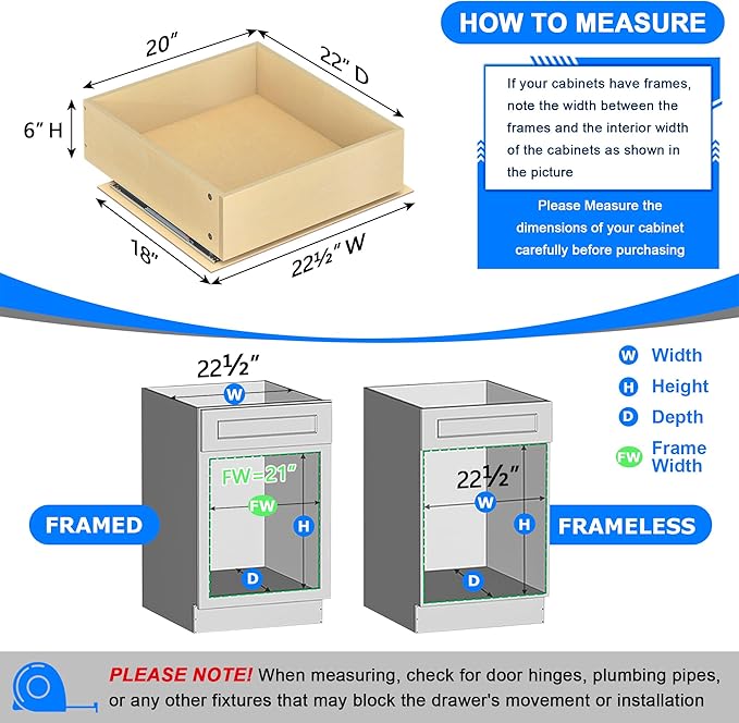 WelFurGeer Soft Close Pull Out Drawers for Cabinets, 20" W x 22" D Pull Out Cabinet Organizer, Bottom Mount Cabinet Roll Out Drawers, Durable Pullout Drawer for Home & Kitchen Organization