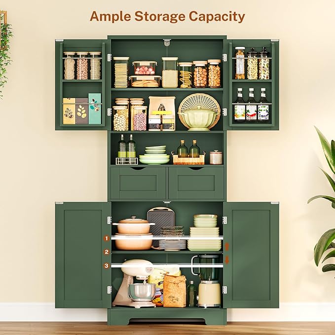 TEENFON Kitchen Pantry Cabinet with Adjustable Shelf, Tall Storage Cabinet with 2 Drawers & 4 Door Shelves, Food Pantry Cabinets, for Kitchen, Dining Room, Living Room, Green