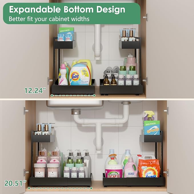 REALINN L-Shaped Under Sink Organizer with 6-Level Height Adjustment & Expandable Width, Pull-Out Cabinet Storage Rack with Quiet Sliding Rails for Kitchen, Bathroom, Laundry Room Cabinets, Black