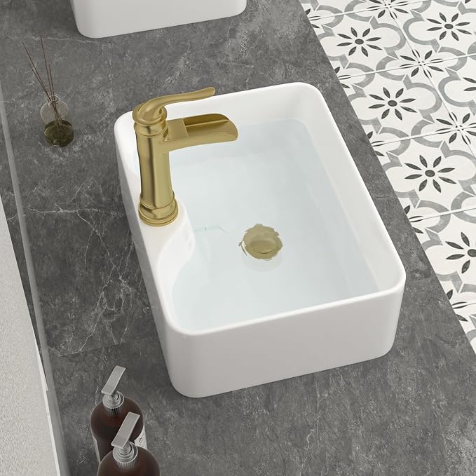 Mocoloo 16 Inch Rectangle Vessel Bathroom Sink with Faucet Hole 16"x12" White Ceramic Bathroom Sinks Above Counter Porcelain Hand Basin for Lavatory Room Rectangular Vanity Top Sink