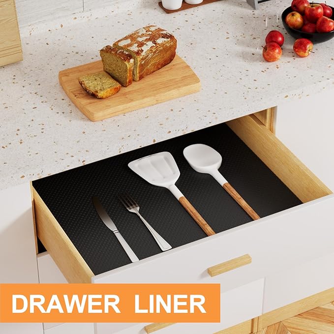 FLPMIX Shelf Liners for Cabinets Black: Non-Adhesive Waterproof Kitchen Drawer Mat - Easy to Cut Small Cupboard Liner for Pantry Shelves 10" x 240 Inch