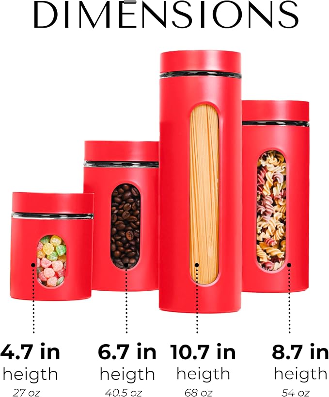 JS Gourmet 4 Pcs Stainless Steel Canisters Set for Kitchen with Glass Window and Airtight Lid, Perfect for Storing Coffee, Spaghetti, Sugar, Beans and Dry Ingredients (Red)