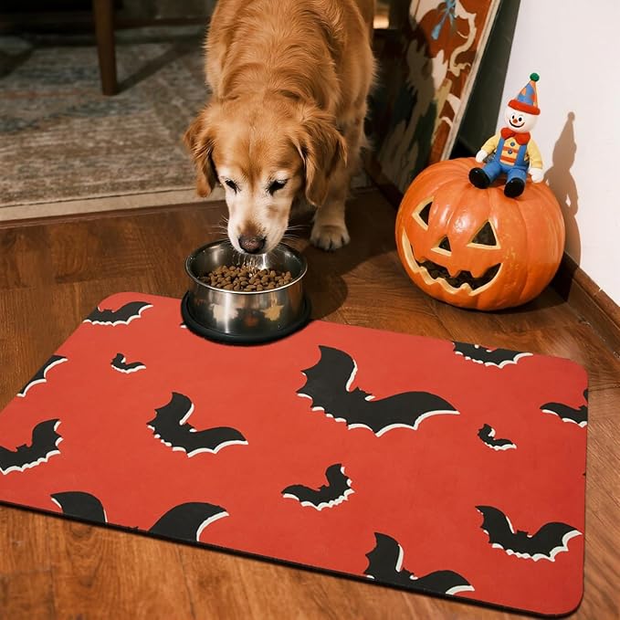 TYUU Halloween Bath Mat, Thin Halloween Bathroom Rug Non Slip Quick Dry Bat Bath Mat Fits Under Door Thin Floor Mat Halloween Decor, 24''x36'', Gothic Bats Orange