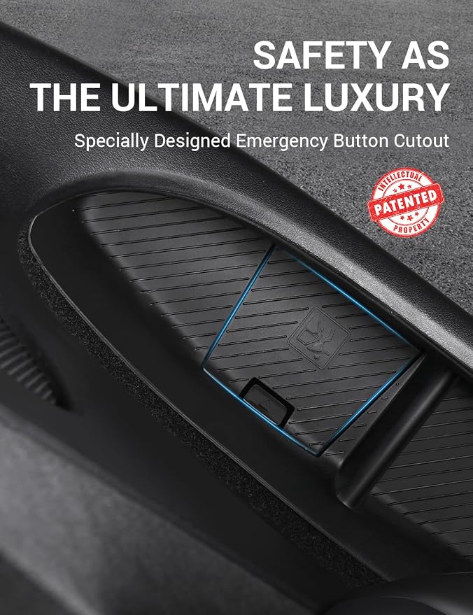 BASENOR 2024-2020 Tesla Model Y Door Side Storage Box with Emergency Button Cutout, Door Organizer Pocket Liners, Waterproof TPE Front & Rear Side Tray Protector Liner Set of 4