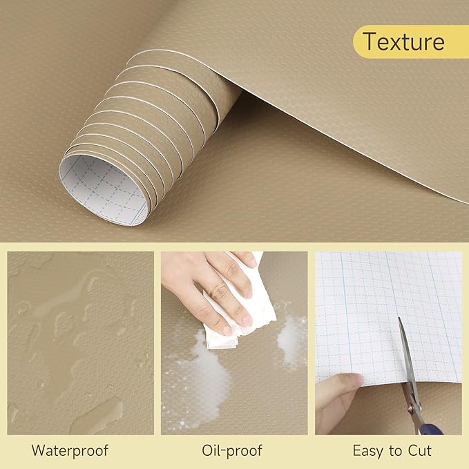 WochiTV Adhesive Shelf Liner 23.6 X 240 Inches Peel and Stick Kitchen Liner for Cabinets, Drawers Removable Protector Mat Waterproof Contact Covering for Dresser Pantry Countertops Shelves, Khaki