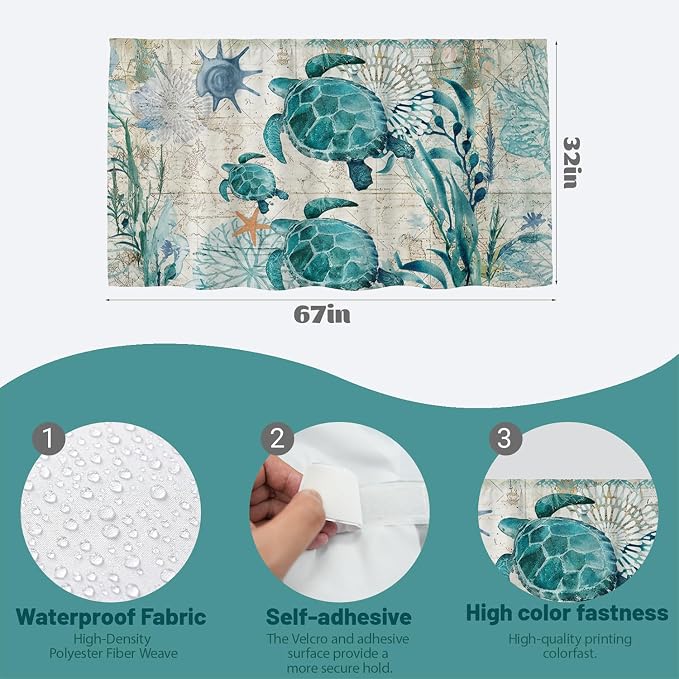 Nautical Green Sea Turtles Beach Theme Sink Skirt for Bathroom, Self Stick Adhesive Waterproof Fabric, Blue Ocean Under Sink Curtain Skirt, Pedestal Sink Accessories Decor