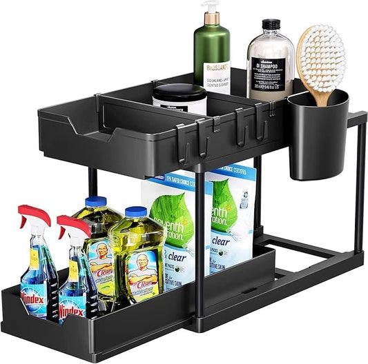 HEMOVIA Under Sink Organizer,Sliding Under Bathroom Automobiles Cabinet Storage Drawer Organizer Hanging Cup,Dividers,Handles,Multi-Purpose Under Sink Shelf...