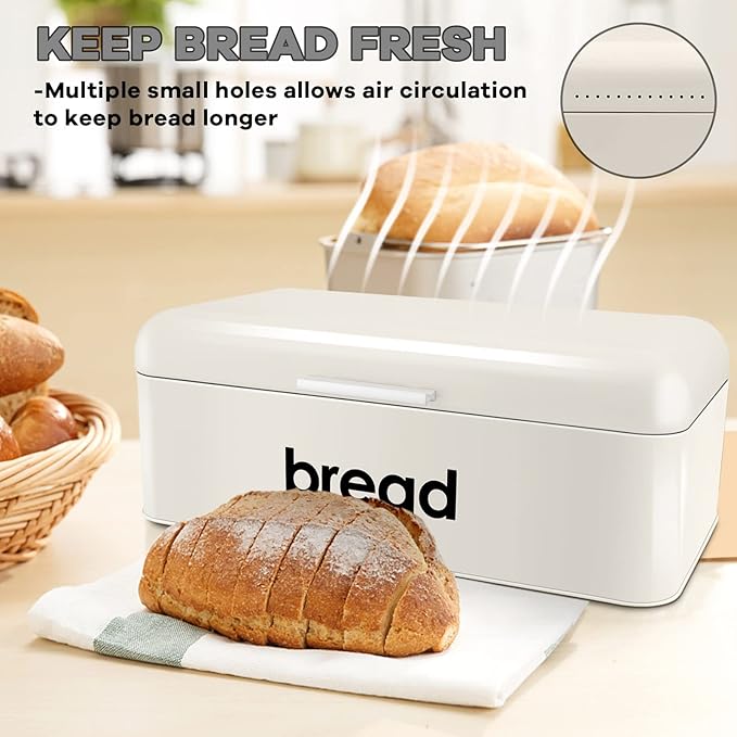 E-far Vintage Bread Box for Kitchen Countertop, Cream Metal Bread Storage Container Retro Bread Bin for Pastries/Loaves/Dry Food, Large Capacity & Modern Design (16.7” x 9” x 6.4”)