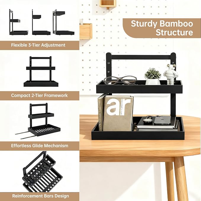 2-Tier Under Sink Pull Out Organizer, Bamboo Cabinet Storage Shelf with Adjustable Height, Slide Out for Kitchen Bathroom Pantry (Black, 1 Pack)