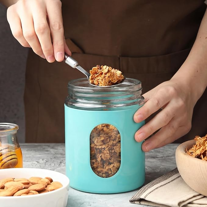 Mimorou 3 Pcs Stainless Steel Canister Set with Glass Windows Visible Storage Jars Silver Kitchen Canister Set for Pasta Flour Oat Sugar Container, Kitchen Tools, Housewarming Gifts(Turquoise,20 oz)