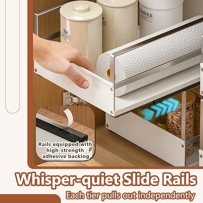 Pull Out Cabinet Organizer with Adhesive Nano Film, Heavy Duty Slide Out Pantry Shelves Drawer Storage, Under Sink Organizers for Bathroom, Kitchen (White,Stackable-11”W x 16.54”Dx 16.54”H)