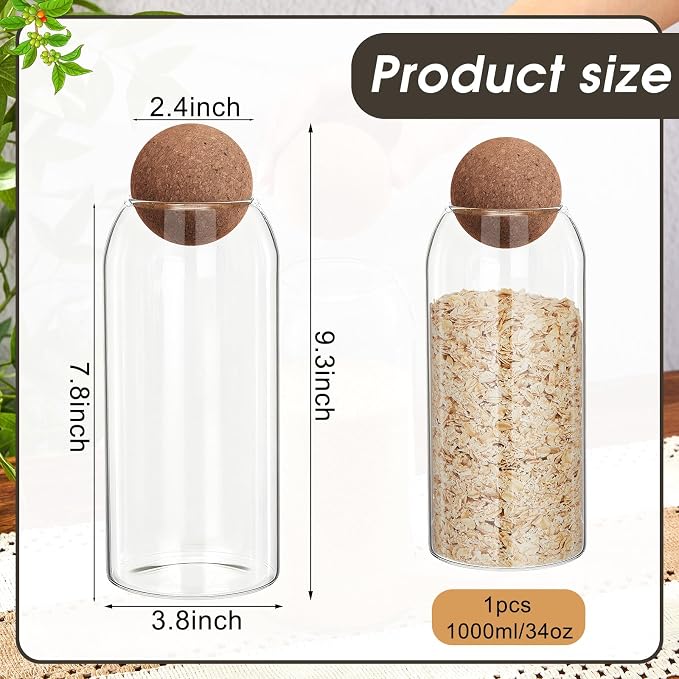 Suclain 1 Pcs Glass Jars with Cork Ball Lid Farmhouse Kitchen Canisters Coffee Bar Countertop Container Rustic Storage Jars for Bean Nut Sugar Coffee Tea Organizer Housewarming Gift (34 oz)