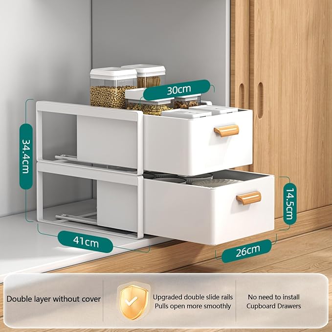 Pull Out Drawers for Cabinets Expandable Drawer Slide Out Cabinet Organizer Kitchen Extendable Drawers Storage Shelves for Kitchen Cabinets Extendable Pull Out Drawer, 30*41*34.4cm, White