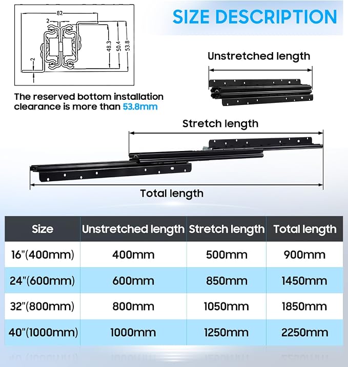 Undermount Heavy Duty Drawer Slides Rail Bottom Mounted Full Extension Hidden Drawer Runners Ball Bearing Glides Staircase Cupboard Cabinet Wardrobe 16 24 32 40 Inch (loads up to 260 lbs)1 Pair