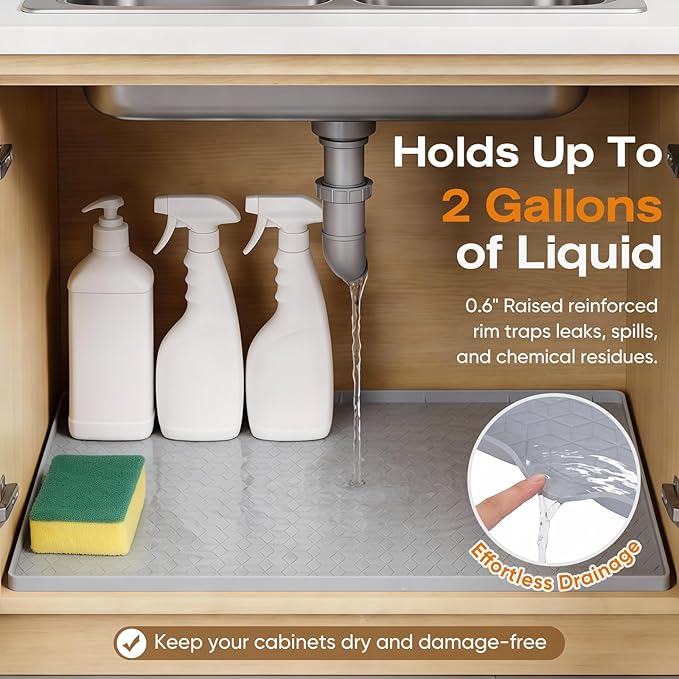 TRZZ Silicone Waterproof Under Sink Mat 31" x 22", Drip Tray and Cabinet Liner for Kitchen and Bathroom, Prevents Water Damage and Organizes Cabinets (Brown)