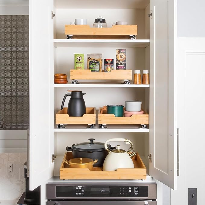HOLDN’ STORAGE Bamboo Wooden Pull out Cabinet Organizer 11"W x 21"D Requires At Least a 12.25"W x 21"D Cabinet Opening W/Lifetime Limited Warranty, Bamboo Tray and Heavy Gauge Metal Rails