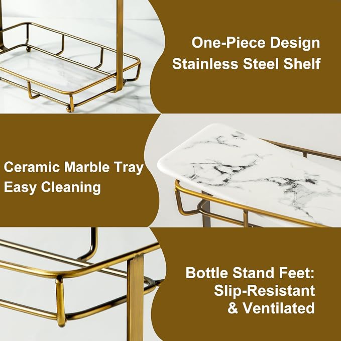 Bathroom Organizer Countertop Perfume Organizer Makeup Organizer Cosmetics Storage Display Rack Vanity Tray Dresser Stainless Steel Gold Shelf White Marble Ceramic Tray