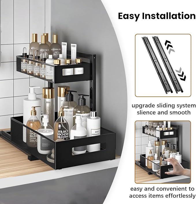 ONEUPIN Under Sink Organizer, 2 Tier Pull Out Cabinet Baskets, 1 Pcs Black | Multi-Purpose, Adjustable Height Design, Slide Out Storage Shelf, For Kitchen and Bathroom