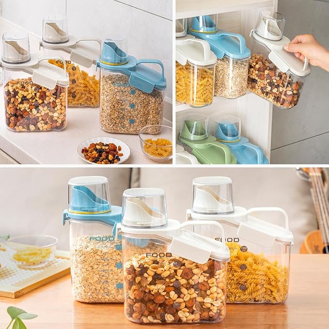 LANGMINGDE 3 Pieces Cereal Containers Storage, 51fl.oz/1.5L Compact Crystal Clear Dry Food Storage Containers with Pouring Spout Measuring Cup for Rice Nuts Beans Pet Food Snacks Candies, 3PCS