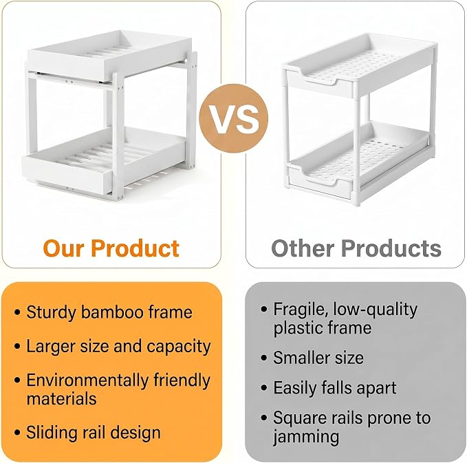 Bamboo Under Sink Storage 2 Tier Pull Out Cabinet Organizer Slide Out Under Sink Storage Shelf Undersink Organizers Shelves for Kitchen Bathroom Organization (White, 2 Pack)