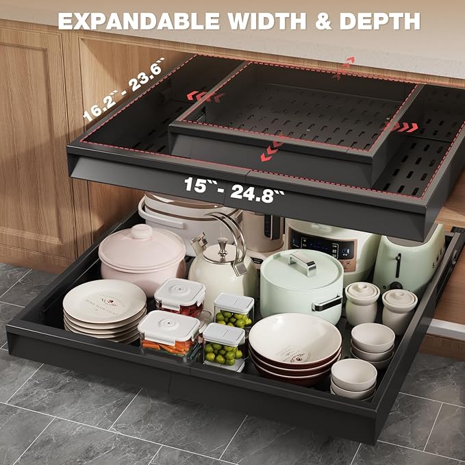 Seinloes 4 Pack Pull Out Cabinet Organizer Expandable Width (15"-24.8") & Depth (16.2"-23.6"), 3 Slide Rails Slide Out Drawers with Handle, Includes Raising Pad for Framed Cabinets, Black