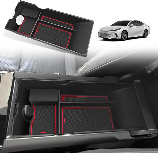Muslogy Center Console Organizer Compatible with 2025 2026 Toyota Camry LE SE XLE XSE Accessories Middle Storage Box with Removable Coin Holder Insert Tray Interior Secondary Accessories (Red)