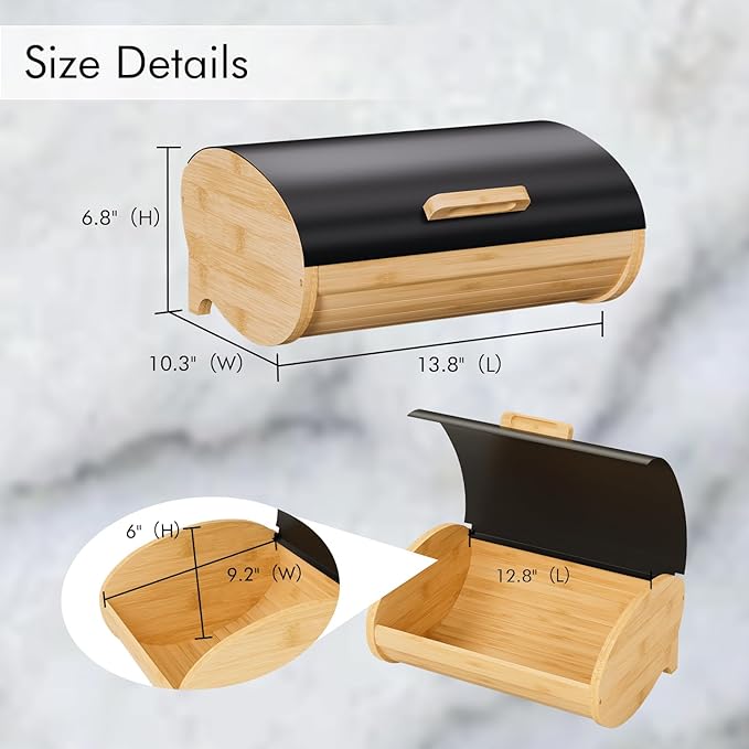 Modern Bread Box for Kitchen Countertop, Bamboo Storage Container with Stainless Steel Lid, Bread Storage Bin for Homemade Bread, Counter Organizer for Snack Tea Coffee Sugar (Black Large)