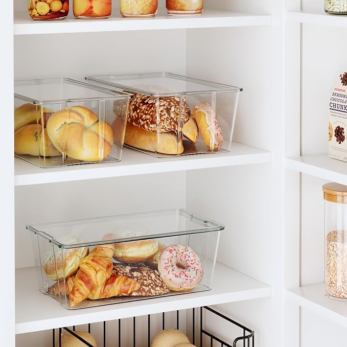 Hudgan 4 Pack Bread Box for Kitchen Countertop, Bread Storage Container with Lid for Bagel, Donut and Cookies, Clear Breadbox Keeper for Muffin