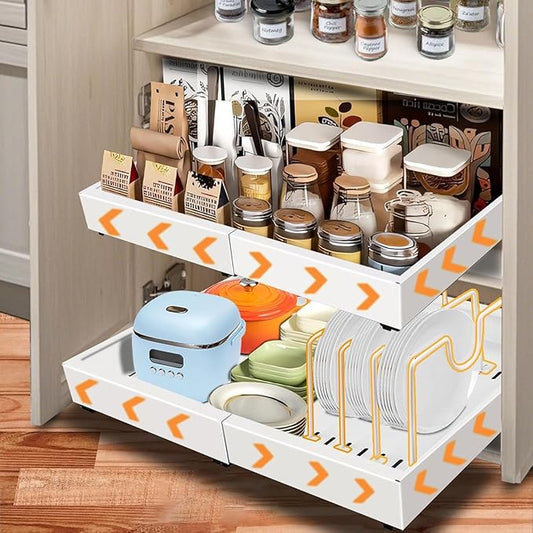 Expandable Metal Pull Out Cabinet Organizer 21"Deep with Raising Pad for Framed Cabinets/Pantry,Upgrade 3 Slide Rails Sliding Drawer for Cabinets with Adhesive Adjustable Width 12.05"-20.4"White 2P