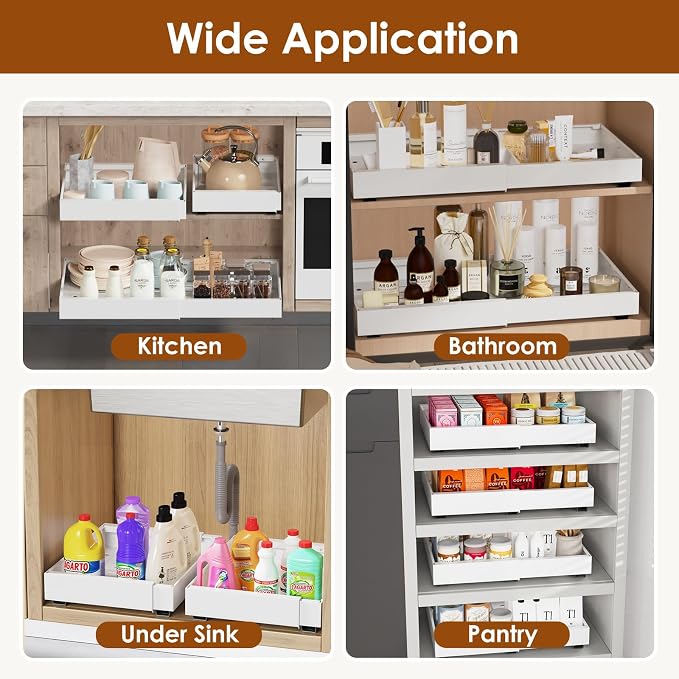 2 Pack Expandable Pull Out Cabinet Organizer 21" Deep, Adjustable Width 12.6"-20.5", No Drill Adhesive with Triple Track Rails, Heavy Duty Slide Out Drawers for Kitchen, Pantry, Cabinets,White