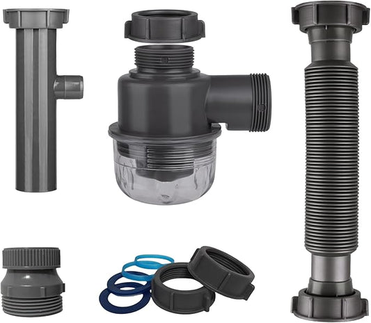 1-1/4" and 1-1/2" PVC Bottle Trap Plumbing Kit with Threaded Adapter, Sink Drain kit for Bathroom and Kitchen, P-Trap Replacement, Flexible Extension Tube Drain Tailpiece
