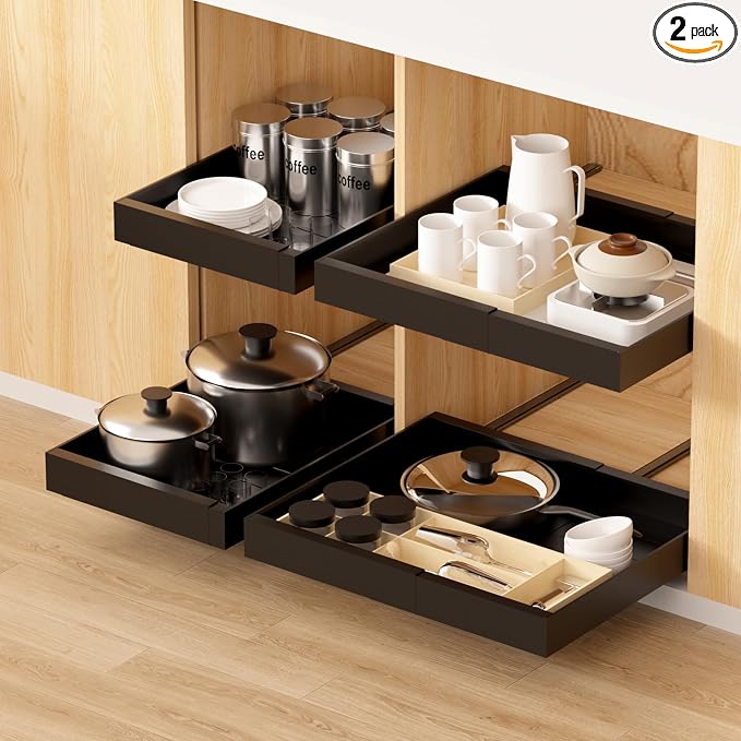 2 Pack Expandable Pull Out Kitchen Cabinet Organizer,Adhesive No Drilling Slide Out Drawers for Kitchen Base Cabinet,Shelves,PantryStorage, Adjustable Width Cabinets Drawers 12.4"-20.4"