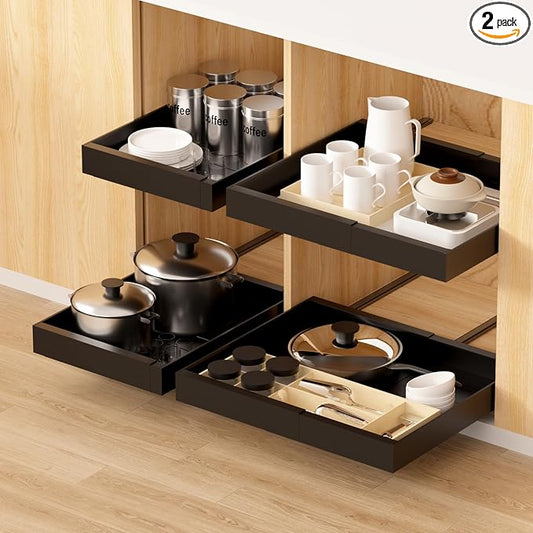 2 Pack Expandable Pull Out Kitchen Cabinet Organizer,Adhesive No Drilling Slide Out Drawers for Kitchen Base Cabinet,Shelves,PantryStorage, Adjustable Width Cabinets Drawers 12.4"-20.4"