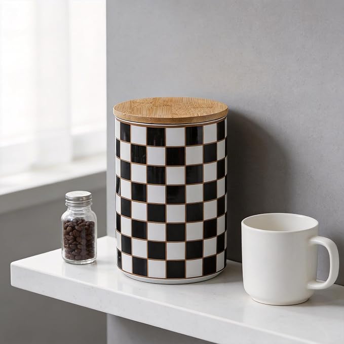 Kitchen Countertop Ceramic Checkered Canisters,Black And White Food Storage Containers With Lid,Airtight Kitchen Canisters for Flour, Sugar, Coffee, Tea, and Dry Goods (Black, XL)