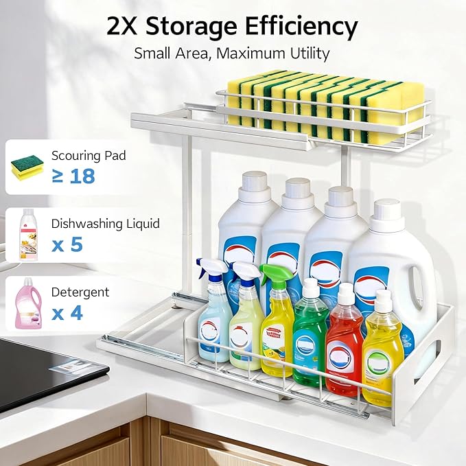 2 Pack Under Sink Organizer Upgrade To Professional Rails, 2-Tier Dual Pull Out Cabinet Storage, Height Adjustable Slide Out Drawers For Bathroom Kitchen General Purpose Storage Bins For Household Use