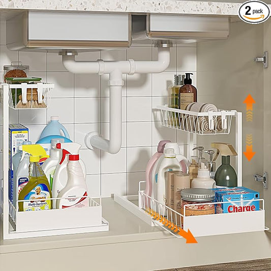 REALINN Under Sink Organizer, Height Adjustable Pull Out Cabinet Organizer, 2 Tier Under Sink Organizers and Storage for Kitchen Bathroom Laundry, White, 2 Pack