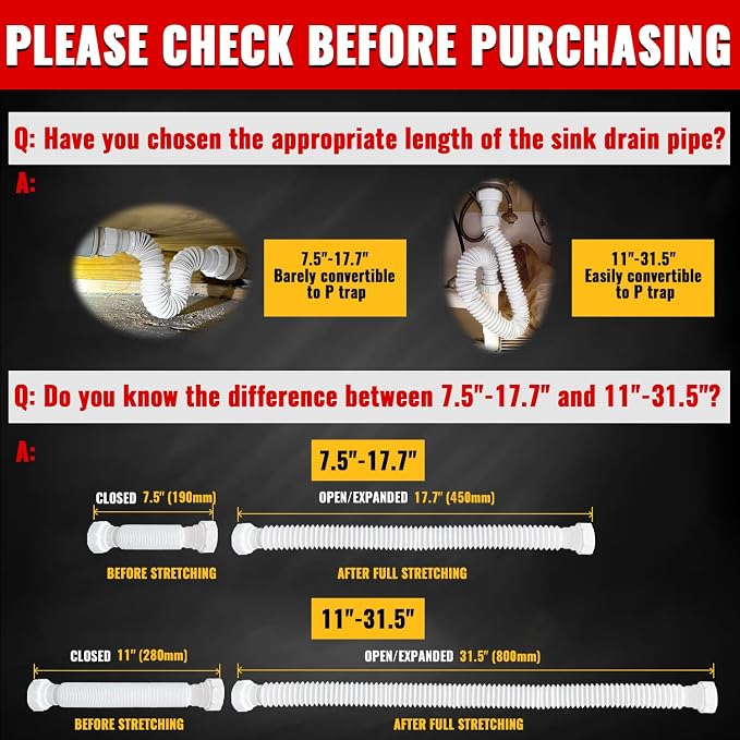 VIVIDA Flexible Sink Drain Pipe, 1-1/2" Expandable Flexible P Trap Drain Pipe, 11"-31.5" Sink P Trap for Bathroom & Kitchen, 1-1/4" Adapter Included, White, 1 PACK