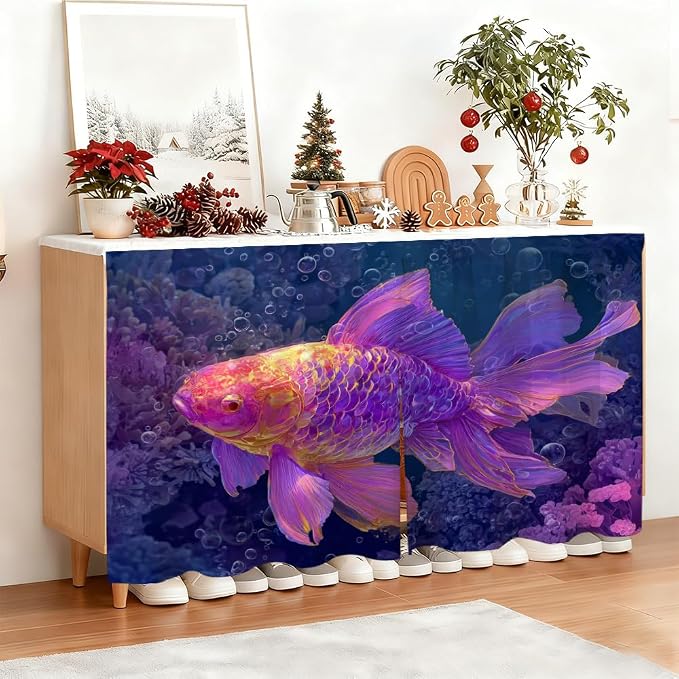 Self Adhesive Purple Goldfish Cabinet Curtain for Mother's Day, 39x28 Inch Underwater Fish Under Sink Skirt No Drill, Spring Cleaning Kitchen Decor, Hook and Loop Laundry Valance