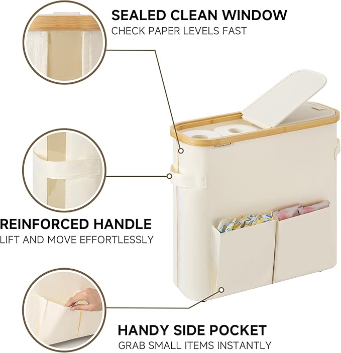 StorageWorks Toilet Paper Storage Basket with Lid, Slim Bathroom Organizer for Narrow Spaces, Toilet Paper Holder with Side Pocket and Clear Window, Holds 9 Mega or 12 Regular Rolls, Medium, Beige