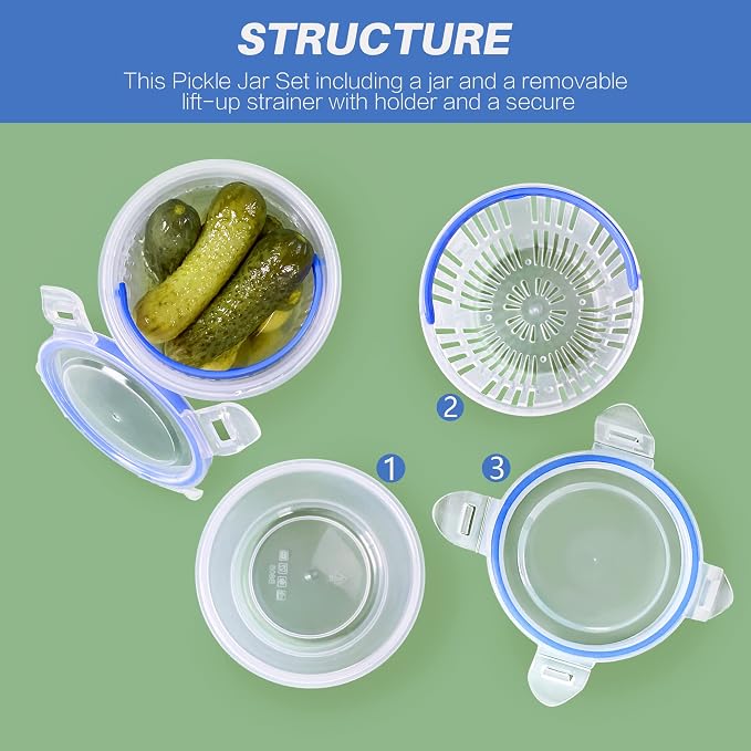 Pickle Jar 24oz 2Pack Pickle container with strainer Pickle Holder Keeper Lifter, pickle storage container suitable for pickling small jars of kimchi, Flip Jar with Leak Proof and Lock It Lid
