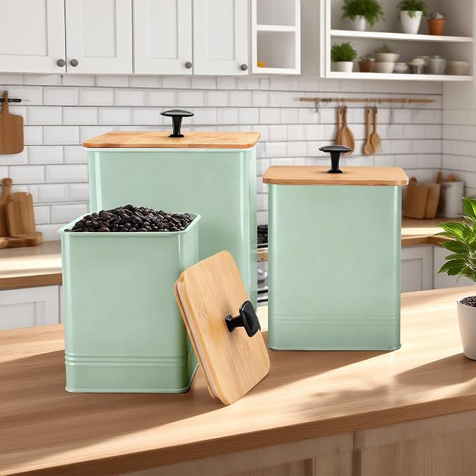 Kitchen Canisters Set of 3, Metal Flour Sugar Storage Containers with Airtight Lids-Canisters Sets for Kitchen with Customizable Chalkboard Labels & Marker Pen-Spice, Coffee Storage Jars(Saga Green)